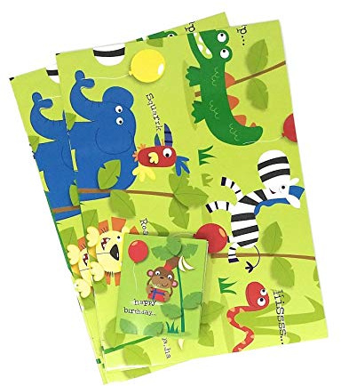 Simon Elvin Wrapping Paper Animal Safari 2 Sheets with Matching Tags