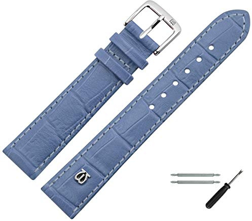 MARBURGER Uhrenarmband 14mm Leder Blau Silber Alligator Prägung Mit Naht - Montage Set 5281453000120