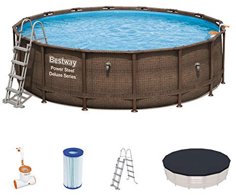 Bestway Piscina Steel Deluxe 488 x 122 cm, Tapa 19.480 l, Bomba de filtrado 220-240 V, Cartucho 58476 (III). Incluye: Cubierta, Lona Base y Escalera de Seguridad