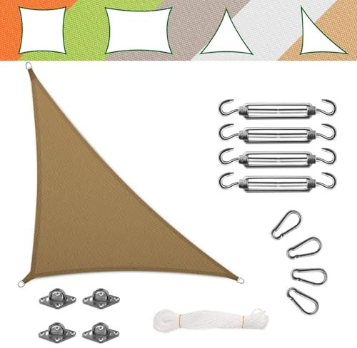 casa pura Voile d'Ombrage - Toile + Kit de Fixation Inclus | Voile d'Ombrage Triangulaire Résistante UV | Toile Tendue en 9 Tailles | Sable - 4.2x4.2x6m + Accroches