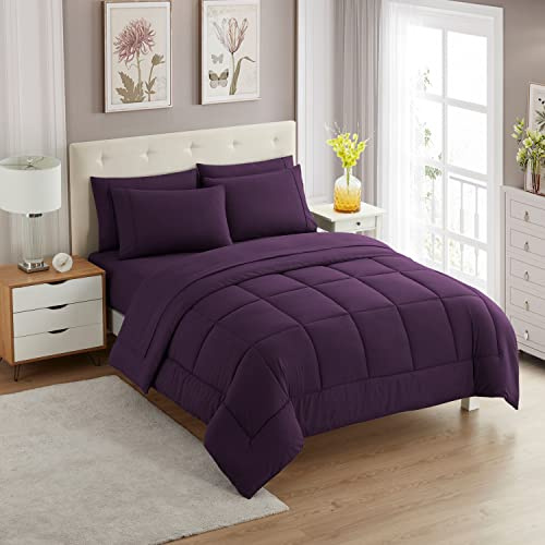 Sweet Home Collection 7-teiliges Bettdecken-Set, einfarbig, für alle Jahreszeiten, weiche Daunen-Alternative Decke und luxuriöse Mikrofaser-Bettlaken, Violett, voll