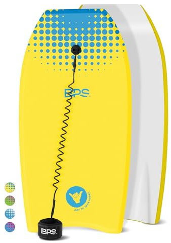 BPS Leichtes Bodyboard Shaka – EPS-Kern-Bodyboard mit Handgelenk-Leine für Strand, Pool, Surfen, Kinder, Jugendliche, Erwachsene (Gelb / Blau, 94 cm)