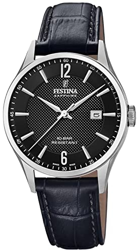 Festina Uhr Für Herren F20007/4 Swiss Made Silber Edelstahl Case SchwarzLeder Band