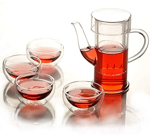SijiHua Tea Cup Transparent Glass Tea Set Heat and Heat Resistance (5-Piece Set) Teapot 250ml Teacup 50ml White