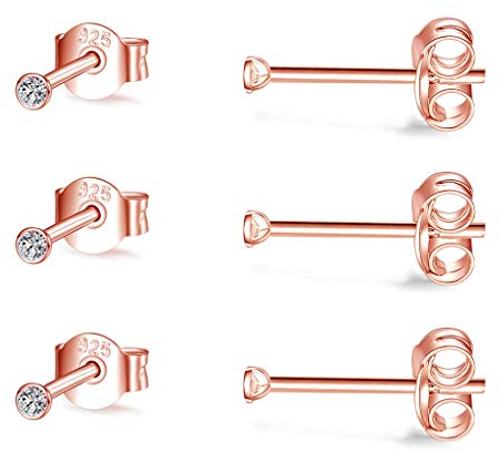 CERSLIMO 3 Paar 2mm Klein Ohrstecker Zirkonia Silber 14K Gold Rosegold Ohrringe Set für Damen Herren Geschenk