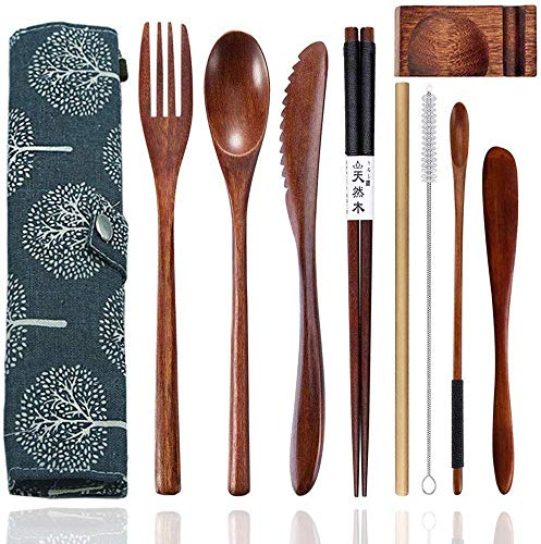 Censsa Juego de cubiertos de madera, portátil, reutilizable, utensilios de bambú de madera, cubiertos de viaje, con estuche, 9 piezas de cubiertos de madera que incluyen cuchillo reutilizable - marrón