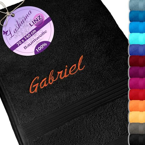 Lashuma Duschhandtuch Bestickt mit Namen Schwarz, Linz personalisiertes Handtuch 70x140 cm