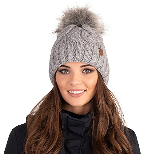 Vivisence Wintermütze Mit Bommel Damen Perfekte Passform Warmes Strickmütze Herbst Frauen Mütze Für Winter Aufgerolltem Design Für Extra Wärme Ideal Für Kalte Wintertage Modell, Hellgrau,Einheitsgröße