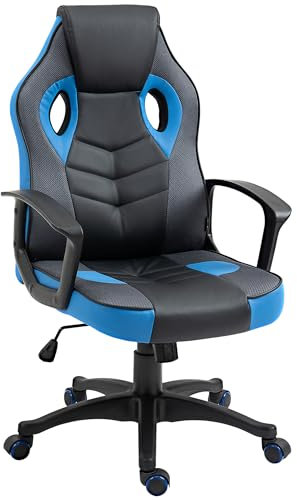 Vinsetto Sedia Gaming Ergonomica, Poltrona da Ufficio Girevole con Rotelle in Pelle PU Nera e Blu, Altezza Regolabile