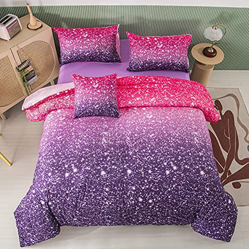 PERFEMET 6-teiliges Regenbogen-Bettwäsche-Set für Queen-Size-Bett, 3D-Galaxie, lila Glitzerbett in einer Tasche, buntes Farbverlauf, Mädchen, Frauen