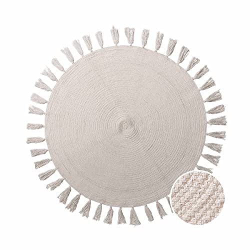BUTLERS Teppich mit Quasten Ø110cm Beige -All Nature- | Dekoration im Boho und Landhausstil | Fußmatte für Bad, Küche, Flur, Wohnzimmer und für den Außenbereich auf Balkon oder Terrasse
