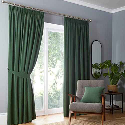 Fusion Strata Emerald Green Pencil Pleat Curtains – W66 x L54 (168 x 137cm) – 2 Panels – Thermal Blackout Drapes – Dark Green Window Treatment for Bedroom & Living Room – Soft Cotton – Pleated Style