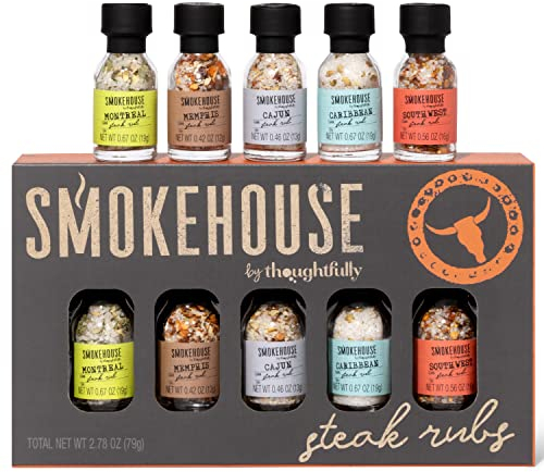 Smokehouse by Thoughtfully, Steak Rubs dans des mini bouteilles en verre, végétalien et végétarien, comprend des sauces pour les steaks et grillades Cajun, Montréal et du Sud-Ouest, paquet de 5