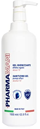 Pharmamani GEL IGIENIZZANTE MANI Formato Maxi da 1 litro con dosatore. 70% Alcool, Effetto Rapido, Non appiccica, si assorbe subito e idrata le mani. Profumo gradevole, Dermatologicamente Testato