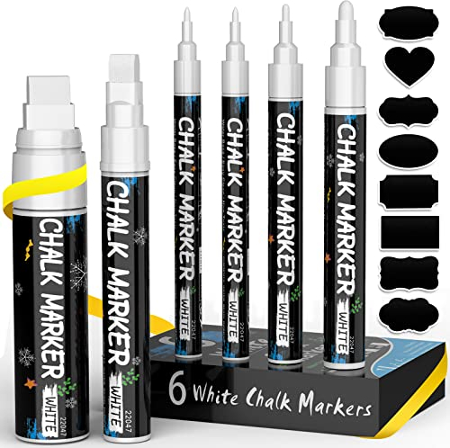 ANYUKE Weiße Kreidestifte für Tafel Abwaschbar | 6 Kreidemarker 1mm, 3mm, 6mm, 10mm & 15mm Spitze und 45pcs Labels| für Fenster Weihnachten, Kreidetafel, Glas,| Tafelstift & Fensterstifte