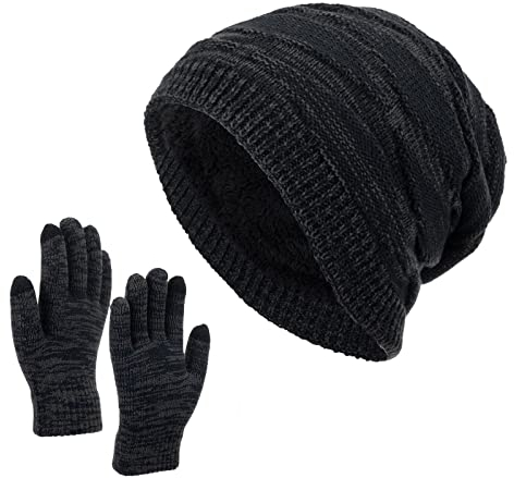 Mutze Schal Set Damen Blau, Mütze Schal Handschuh Set für Damen Gefütterte Wintermütze mit Kunstfellbommel Großer Loop Schal Gestrickte Finger/Fingerlose- Winterhandschuhe für Touchscreen