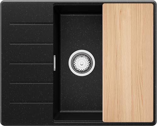 PRIMAGRAN Evier Cuisine en Granit Noir Métallisé 62x50cm, Lavabo 1 bac + Kit de Vidage + Planche à Découper, Évier à Encastrer al mueble 50cm - Copenhague S073