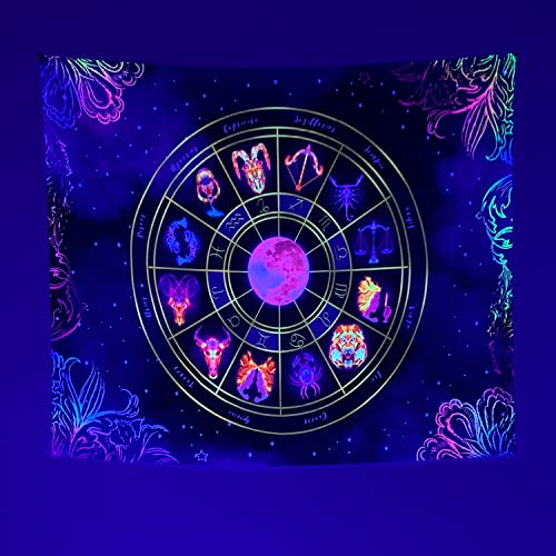 Schwarzlicht-Sternzeichen-Wandteppich – UV-reaktiver Astrologie-Wandteppich, leuchtet im Dunkeln, Sternbild, Hexerei, Schwarzlicht-Poster für Schlafzimmer (Blumenmond, mittelgroß (127x152 cm))
