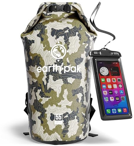 Earth Pak Sac étanche avec Poche - pour Kayak, Bateau Excursion, Canoë, Pêche, Rafting, Natation, et Snowboard (Camouflage, 50L)