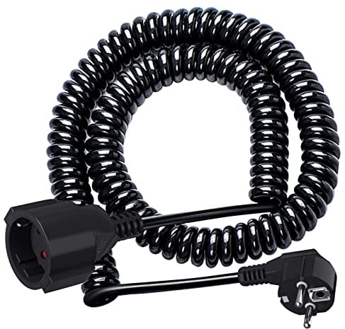 Cavo a spirale con contatto di protezione, cavo a spirale (230 V/16 A), 1,25 m su 8 m, cavo a spirale estensibile con spina di protezione e contatto di protezione, cavo di prolunga in PVC, nero