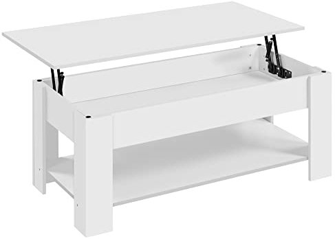 Abician Table Basse à Plateau Relevable avec Compartiment Caché et Étagère de Rangement Table de Salon Bureau Salle de Réception Plateau Réglable en Hauteur 120 × 59 × 49-62,5 cm Blanche