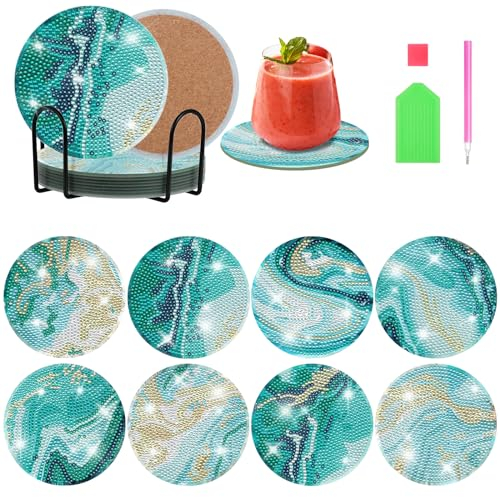 Kinsinder 8Pcs Diamond Painting Untersetzer, DIY Diamant Art Untersetzer mit Halter, Runde Diamant Malerei Untersetzer für Anfänger Erwachsene Kinder Crafting Projekte (Meereswellen)