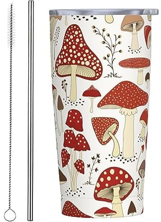 Kaireno Mushroom Tumbler Field Plants Leaf Stainless Steel Insulated Tumblers with Lid Straw Reusable Mushrooms Coffee Travel Mug Drinking Water Wine Cups Birthday Gifts for Women 20 Oz