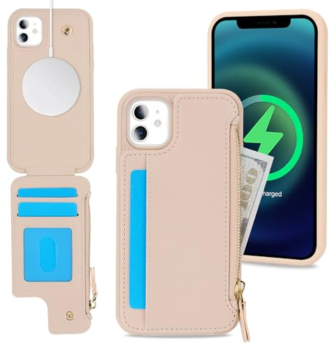 SailorTech iPhone 11 Case with Credit Card Holder magsafe, iPhone 11 Phone Leather Case Wallet for Women Compatible mag safe Card Slots Zipper Shockproof Case for Men - Beige