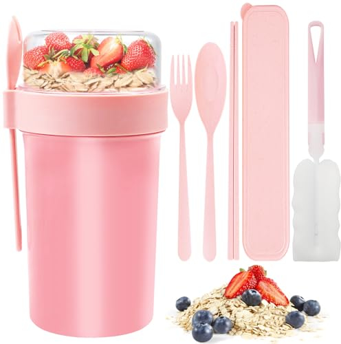 PIWOSGOL Taza para Cereales para Llevar 760ML+230ML, Porta Yogurt y Cereales, Taza de Muesli con Cuchara y Tapa, Vasos para Yogur SIN BPA, Taza de Yogur para Fruta Yogur Snacks Sopas Nuez (rosa)