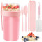 PIWOSGOL Müslibecher to Go 760ml+230ml, 5 Stück Joghurtbecher mit Löffel & Gabel Set, Auslaufsicherer Müsli Becher mit Klein Gewürzbox, Joghurt Becher Groß für Arbeit, Schule, Picknick, Reisen (Rosa)