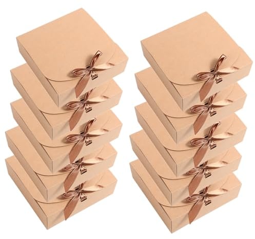 10Pcs Paper Gift Box with Lid & Bow Ribbon 16.5x16.5x5cm Square Shaped Packaging Box Easy Assembly Bridesmaid Proposal Box Kraft Paper Presentation Boxes for Parties, Christmas, Birthday, Wedding