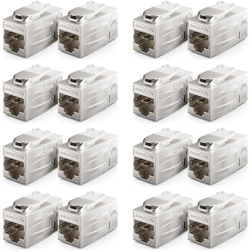 deleyCON 16 Stück CAT 7 Kupplung Keystone Metall 2X RJ45 Buchse Verbinder für RJ45 Patchkabel 600 MHz 10 Gbps LAN DSL Ethernet und Nutzbar als Keystone - Silber