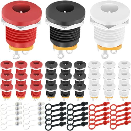 Youmile 30 pcs DC Power Jack 5.5 x 2.1mm Female Recessed Socket 3 Pin Female DC Barrel Jack Panel Mount Connector 6V 9V 12V red white black with Rubber Protector Caps