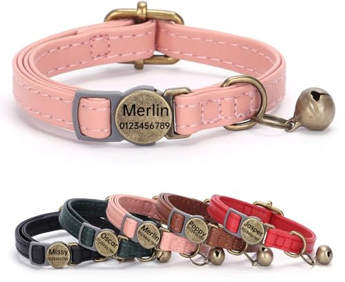 SEOUGEE Katzenhalsband aus echtem Leder, Schnellverschluss mit personalisiertem Namensschild, abreißbare Kätzchen-Halsbänder mit abnehmbaren Glöckchen und Sicherheitsverschluss, gravierte Schnalle,