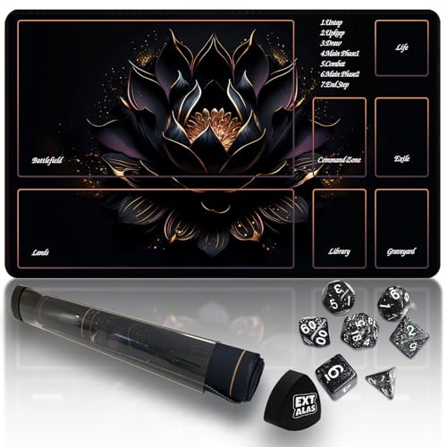 Extalas MTG Spielmatte mit Aufbewahrungsröhre und 7-Würfel-Set, wasserdichte TCG-Spielmatte mit genähten Kanten, rutschfeste Gummi-Kartenspielmatte (61 x 35,6 cm) (Spielmatte mit Zonen, schwarzer