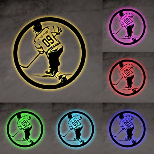 Pekdi Personalisiertes Hockey Metallschild Benutzerdefiniertes Hockey Nachtlicht Led Lampe Hockey Metall Wandkunst Benutzerdefiniertes Eishockey Namensschild Hockey Lampe Hockey Sport Fangeschenk