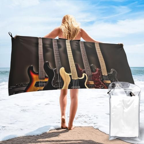 Dhnblqdp Badetuch mit Gitarre, Bass, Musikinstrumente, Mikrofaser, leicht, groß, schnell trocknend, sandfrei, für Strand, Schwimmen, Sport, Fitnessstudio, 70 x 140 cm