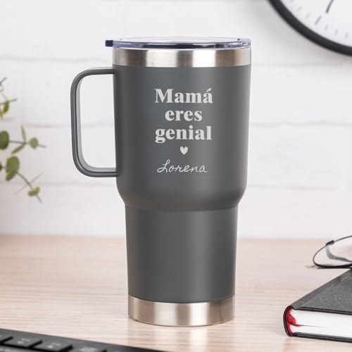 Wanapix | Taza Térmica Personalizada de Doble Capa | Capacidad 600 ml | Color Gris | Conserva Frío y Calor durante Horas | Grabado con Nombre y Texto | Regalo Día de la Madre | Mamá, eres genial