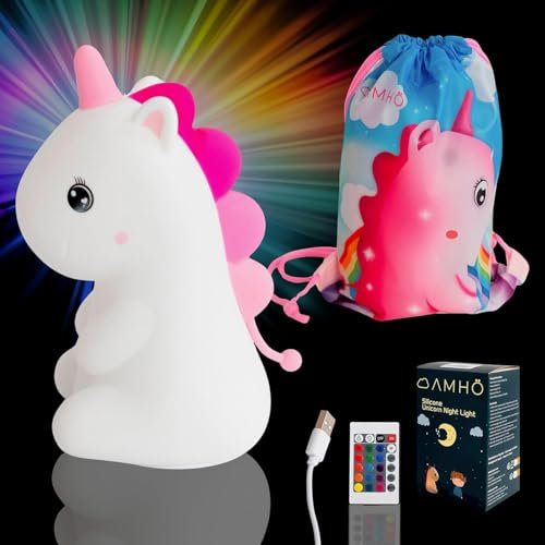 AMHÖ Unicornio Luz Nocturna Infantil Quitamiedos Lámpara Bebe Noche con Bolsa de Regalo Led Recargable Luz de Bebe Night Light Tactil de Silicona