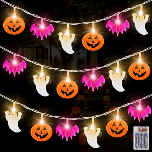 Jognee Halloween Lichterkette, 3 M 20 LED Deko, Orange Kürbisse, Lila Fledermäuse, Weiße Geister für Außen Innen Garden (A)