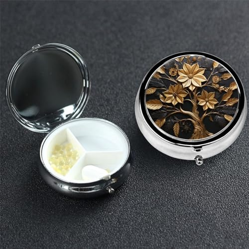 Pillendose mit goldener Gravur, 3 Fächer, rund, Metall, wasserdicht, Medizin-Organizer, Box für Reisen, kleiner Pillenbehälter, tragbar für Nahrungsergänzungsmittel