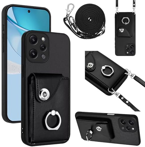 GoodcAcy Coque pour Xiaomi Redmi 12 4G/Redmi 12 5G avec Cordon Étui Xiaomi Redmi 12 avec Cordon Porte Carte Portefeuille avec Anneau béquille Réglable Collier Housse Etui pour Femmes - Noir