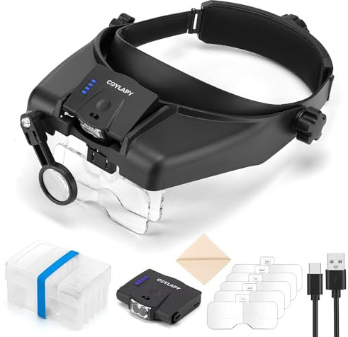 COYLAPY Magnifying Glasses with Light, Versatile Magnifying Glasses for Close Work, 1x - 14x Headband Magnifier with 5 Lenses & Two Led Lamps, Hands-Free Jewelers Loupe Visor for Hobby, Crafts