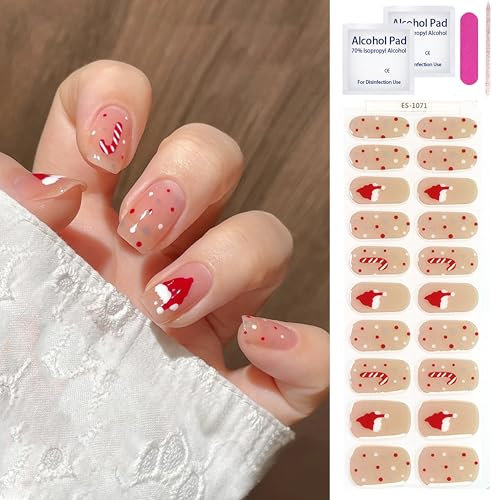 20 Stück Weihnachts UV Gel Nagelfolie selbstklebend - Halb Ausgehärtet Nagelsticker mit pinken Punkten & Weihnachtsmützen für Fingernägel zum Aufkleben, Nail Art Sticker Dekoration DIY (Rot)