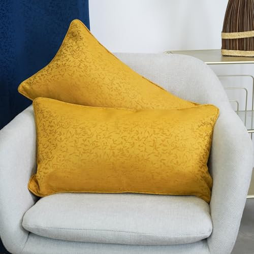 Viste tu hogar Pack 2 Cojines Rectangulares Jacquard con Estampado de Hojas, Estilo Contemporáneo, Dar Calidez, Ideal para Sofá de Salon de Otoño y Invierno, 30x50cm, Color Mostaza