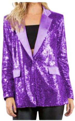 Blazer da donna con paillettes aperto sul davanti Blazer casual a maniche lunghe scintillante nero paillettes blazer con tasca, Viola, XXL