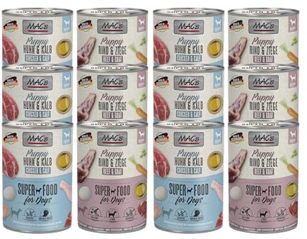 Mac's Dog Puppy 12 x 400g | 2 Sorten Mix | Getreidefreies Nassfutter für Welpen | schonende Zubereitung | bietet Ihrem Welpen Alles an Nährstoffen, Vitaminen und Mineralien