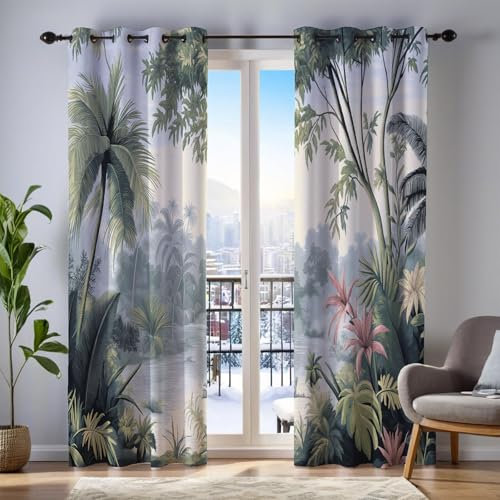 MULERN 2Er Set Blickdicht Vorhänge Wohnzimmer, 3D Dschungel Muster Blickdicht Schlaufenschal Pflanzen Verdunkelungsvorhang, Lärmminderung Gardinen Fensterdekoration H160 X B140 cm