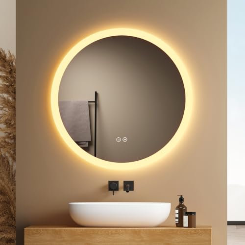 EMKE Badspiegel mit Beleuchtung Rund 80cm, Badezimmerspiegel mit dimmbarer Beleuchtung, 3 Lichtfarben, Antibeschlag, Touch-Schalter und Speicherfunktion, ideal für das Badezimmer