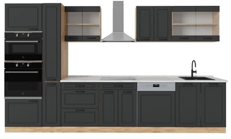 Vicco Küchenzeile R-Line, Anthrazit Landhaus/Goldkraft Eiche, 350 cm, AP Marmor